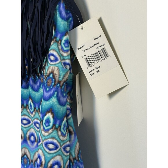 Women's Plus Size 0X  14/16 Costa Del Sol  Fringed Swim Tankini Top blue New - Picture 3 of 7